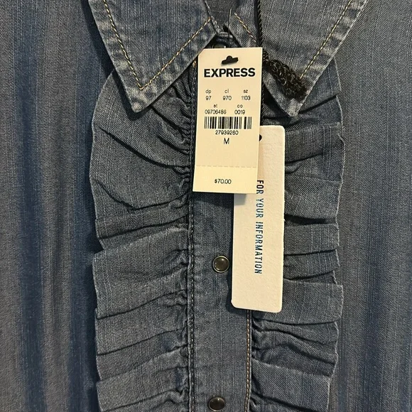 Long Sleeve Denim Ruffle Express Shirt Top - Picture 2 of 4